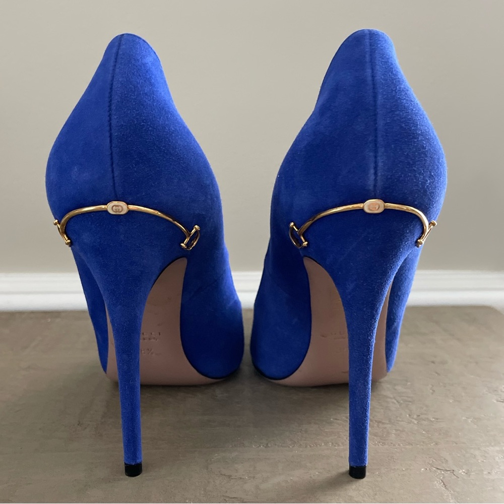 💙 Gucci Blue Suede Pointed Toe Pumps Size 38.5 - Picture 5 of 16